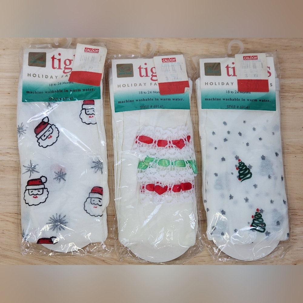 1990 Gold Bug Holiday Favorites 18-24 Mo #69141 White Christmas Tights Lot Of 3